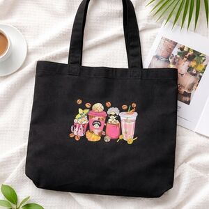 Frida Kahlo Black Tote Bag with Colorful Drink Design